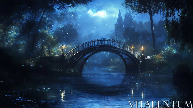 Moonlit arch bridge over enchanted blue forest river.