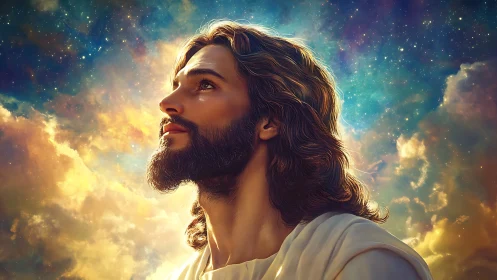 Bearded man gazes heavenward beneath radiant cosmic sky