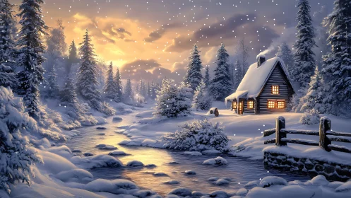 Snowy forest cabin by river at sunset with warm lights.
