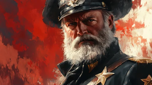 Bearded naval officer glares against bold red abstract backdrop
