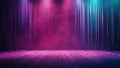 Empty stage with neon lights and curtain backdrop.