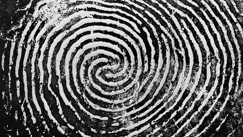 Gentle fingerprint spiral of white rings on charcoal black background.