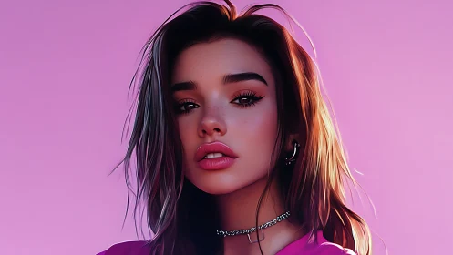 Hyperreal digital portrait of young woman with pink backdrop