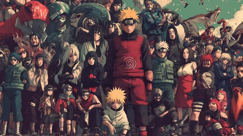 Iconic ninja ensemble stands united in dramatic formation.