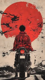 Backlit motorcyclist studies red sun disc in grunge ink tableau