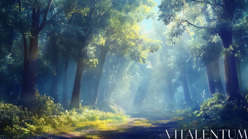 Sunlit Forest Path Through Ancient Trees.