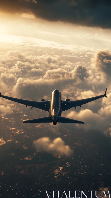 Airliner glides above city under dramatic sunset sky.