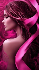 Digital portrait of woman with flowing pink ribbon profile.