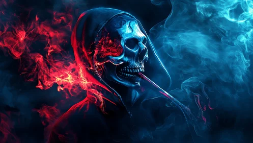 Hooded flaming skull in red and blue smoke on dark background.
