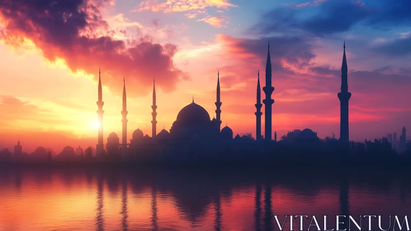 Silhouette of domed mosque and minarets at reflective sunset.