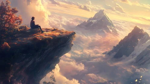 Solitary figure surveys cloud-laden alpine peaks at sunrise