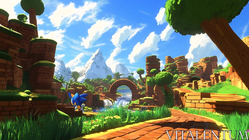 Blue hedgehog in stylized canyon valley landscape scene.