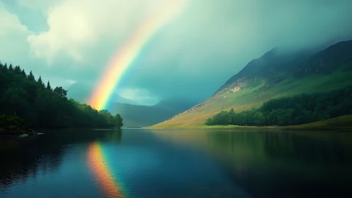 Rainbow arcs over misty lake and emerald mountain valley.