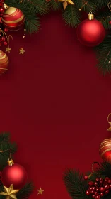 Scarlet holiday hush framed by glittering baubles and pine.