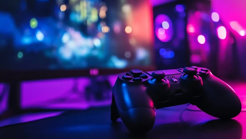 Neon-soaked game controller basking in dreamy bokeh glow.