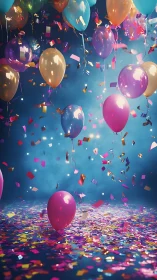 Suspended Balloons with Falling Confetti Against Blue Background.