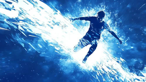 Silhouetted athlete figure intersects radial blue light field