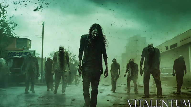 Green sky shambles with a grim parade of urban zombies.