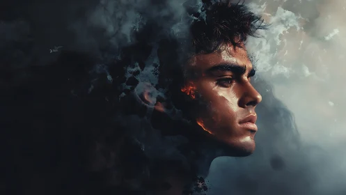 Volatile portrait of a young man dissolving into luminous vapor.