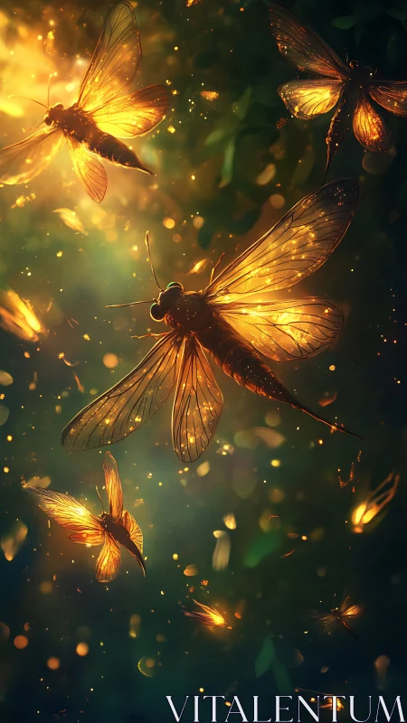Glowing dragonflies drift through luminous forest dusk air