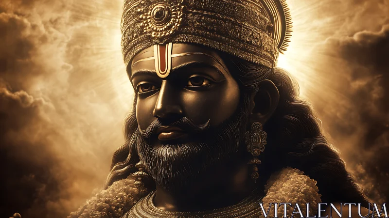 Golden-crowned deity portrait in radiant stormlit glow.