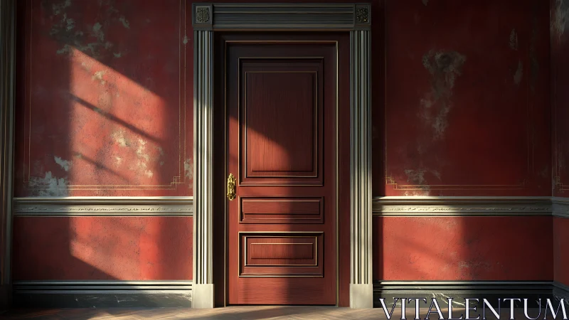 Sunlit red corridor door holding quiet, gilded secrets.