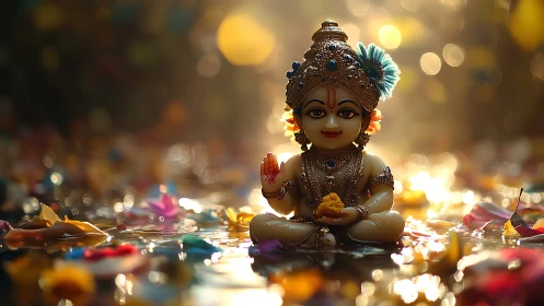 Photorealistic baby Krishna idol with luminous bokeh ritual focus.