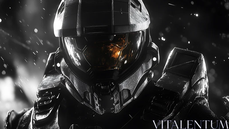 Armored sci fi soldier faces camera in rain lit by sparks