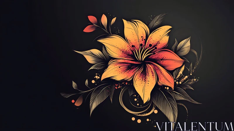 Golden Lily with Sunset Petals on Dark Background.