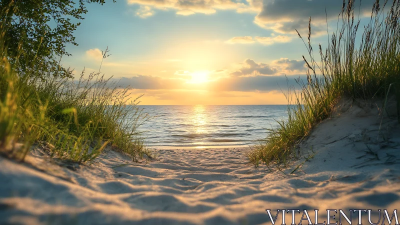 Sunlit coastal dune corridor framing low horizon seascape.