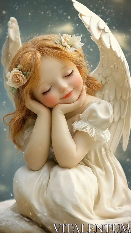 Gentle dreaming angel resting in a soft starlit glow.