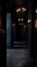 Dimly lit corridor with chandeliers and closed doorway.