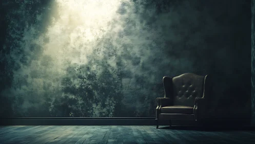 Solitary leather armchair basking in a haunted spotlight glow.