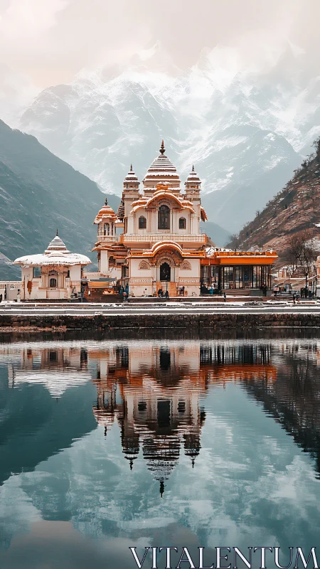 Mountain temple reflected in still alpine lake at dusk.