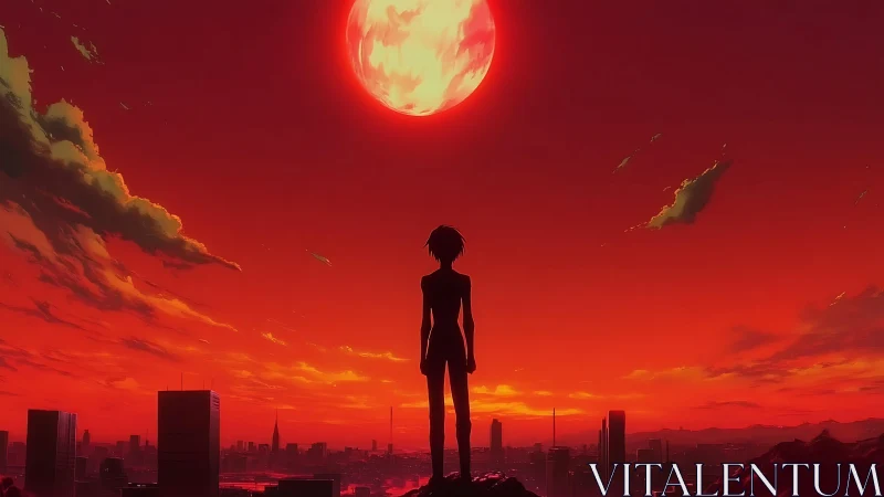 Lone silhouette greeting a crimson supermoon above neon city.