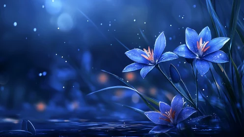 Blue flowers glow above reflective water in nocturnal scene