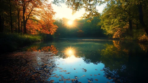 Photorealistic autumn woodland lake with reflected sunrise glow.