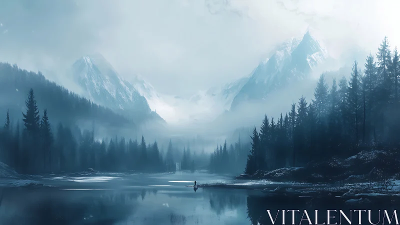 Mist veils alpine lake under towering icy peaks.