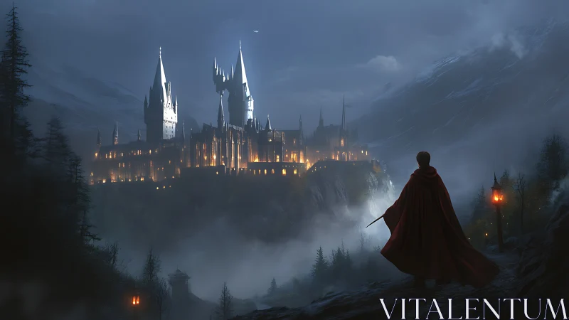 Lone wanderer gazes at misty mountaintop magic academy.