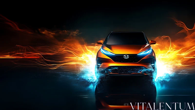 Electric orange SUV concept framed by fire and water glow.