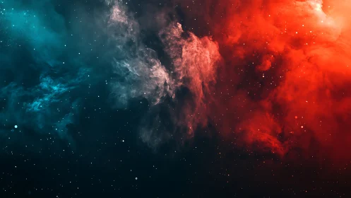 Bilateral red and teal nebula cloud with scattered star field.