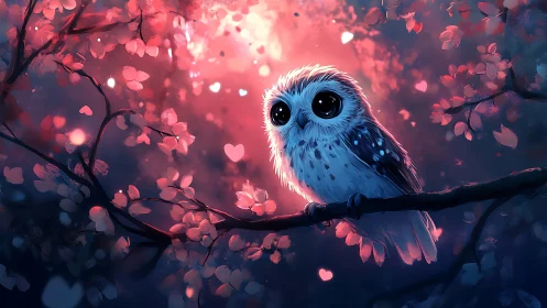 Cute wide-eyed owl on branch, dreamy fantasy digital art scene.