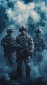 Three tactical soldiers advance through dense combat smoke