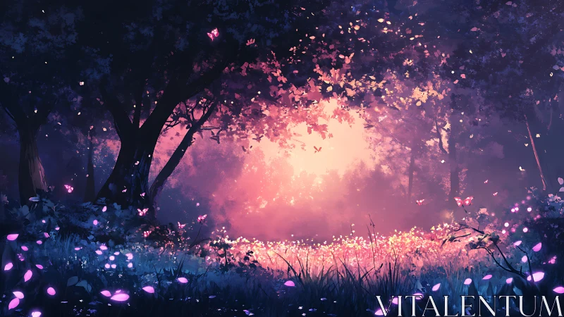 Nocturnal landscape with luminescent flora and atmospheric light diffusion