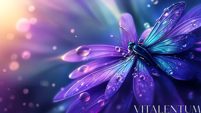 Iridescent butterfly rests on luminous violet petals.