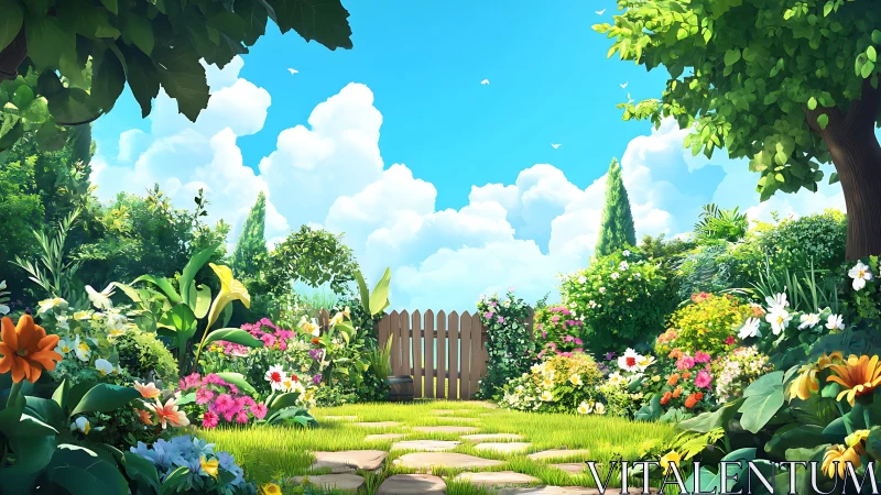 Colorful garden path leads to wooden fence under blue sky