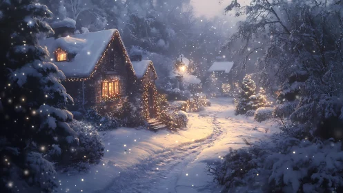 Snowy woodland cottage with warm festive lights at dusk.