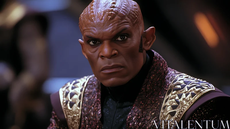 Alien commander stares ahead in ornate galactic armor.