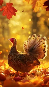 Golden autumn turkey stands proud in glowing forest light