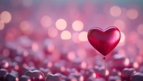 Red Heart-Shaped Balloon with Bokeh Depth of Field and Blurred Spherical Elements